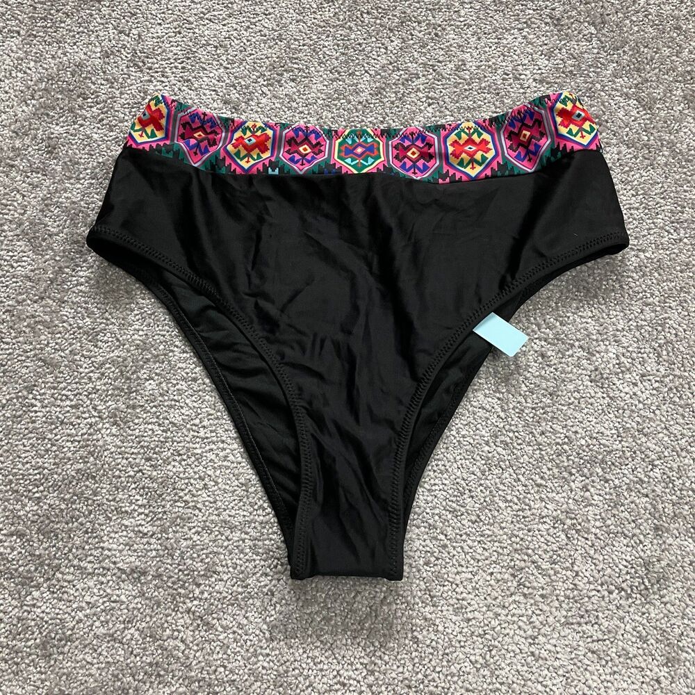 Live Life On The Beach Bikini Bottom Womens 10 Black Large High Rise Beach NWT
